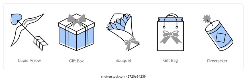 Ein Satz von 5 Mix-Icons als Cupid-Pfeil, Geschenkbox, Strauß in grauer Farbe