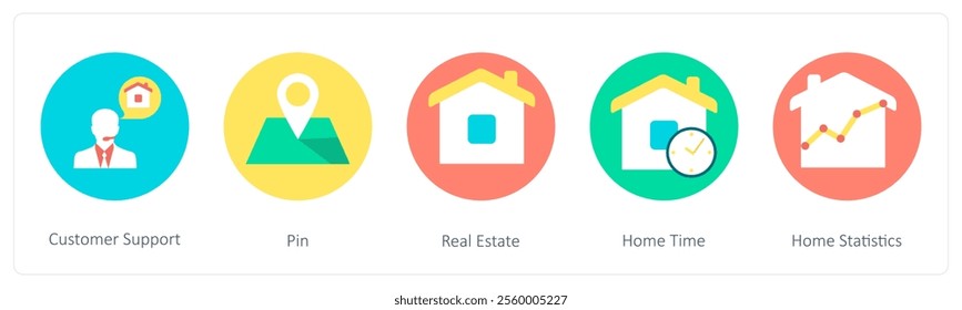 A set of 5 mix icons as customer support, pin, real estate