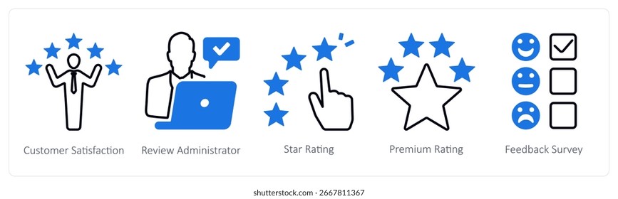 Um conjunto de 5 ícones mistos como satisfação do cliente, administrador de revisão, classificação de estrelas