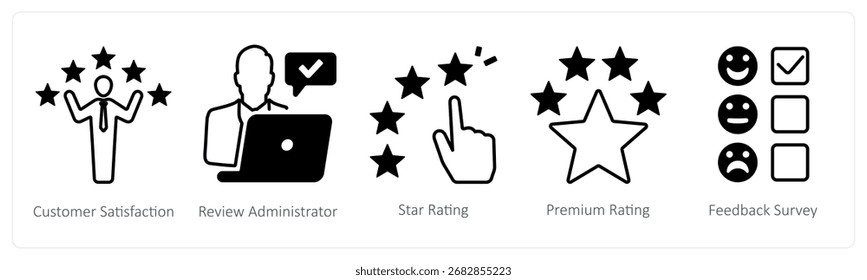 Um conjunto de 5 ícones mistos como satisfação do cliente, administrador de revisão, classificação de estrelas