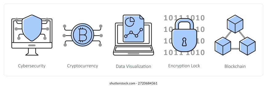 A set of 5 mix icons as cybersecurity, cryptocurrency, data visualization in grey color