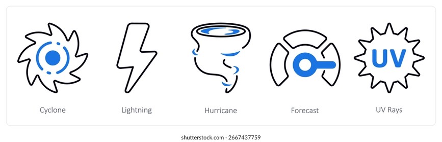 A set of 5 mix icons as cyclone, lightning, hurricane