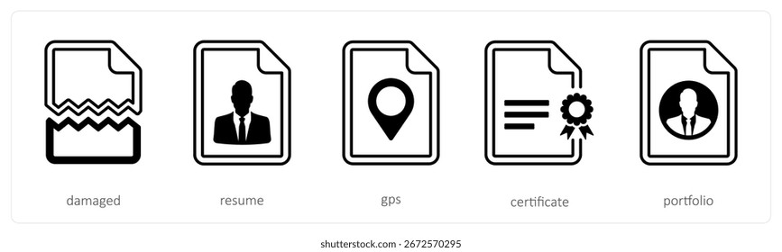 Um conjunto de 5 ícones de mistura como danificado, retomar, gps