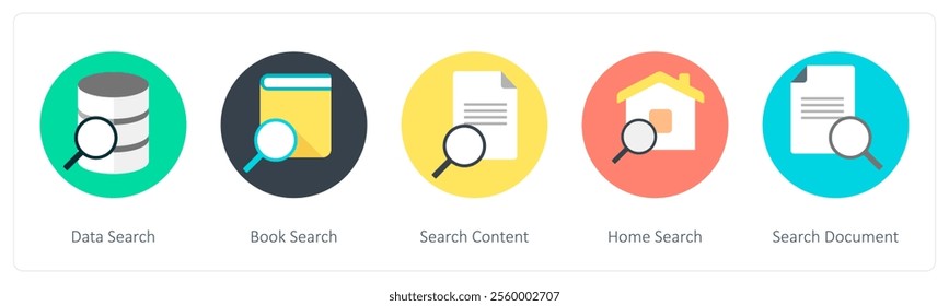 A set of 5 mix icons as data search, book search, search content