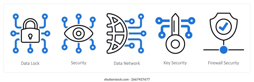 A set of 5 mix icons as data lock, security, data network