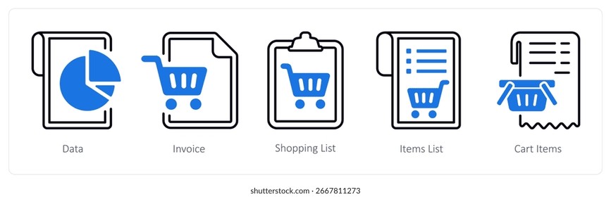 A set of 5 mix icons as data, invoice, shopping list
