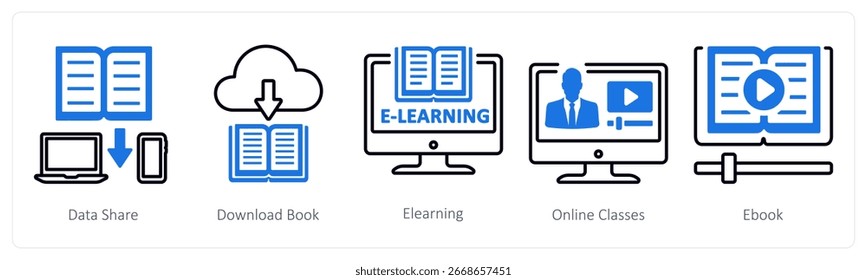 A set of 5 mix icons as data share, download book, elearning