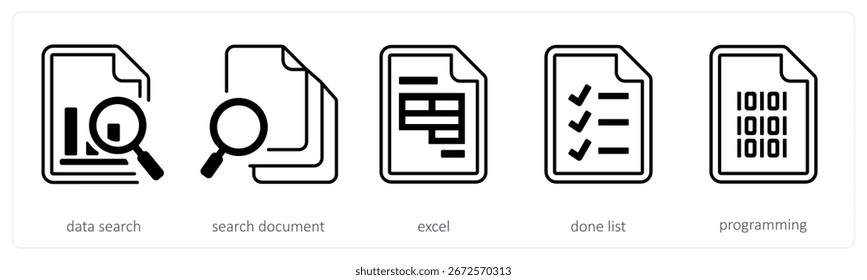 A set of 5 mix icons as data search, search document, excel