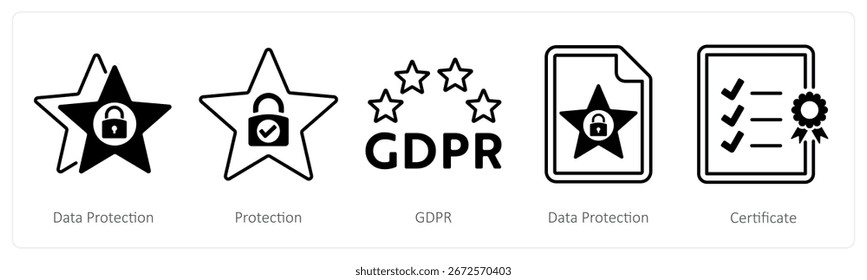 Um conjunto de 5 ícones mistos como proteção de dados, proteção, gdpr