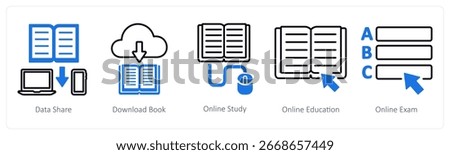 A set of 5 mix icons as data share, download book, online study