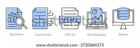 A set of 5 mix icons as data analysis, smart contract, html file in grey color