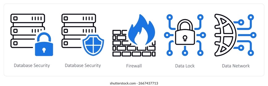 Um conjunto de 5 ícones mistos como segurança de banco de dados, firewall, bloqueio de dados