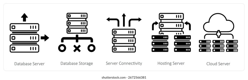A set of 5 mix icons as database server, database storage, server connectivity