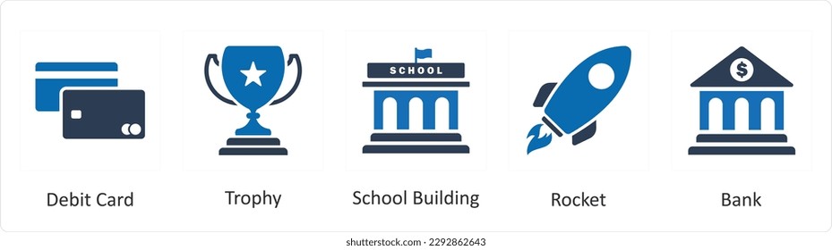 A set of 5 Mix icons as debit card, trophy, school building