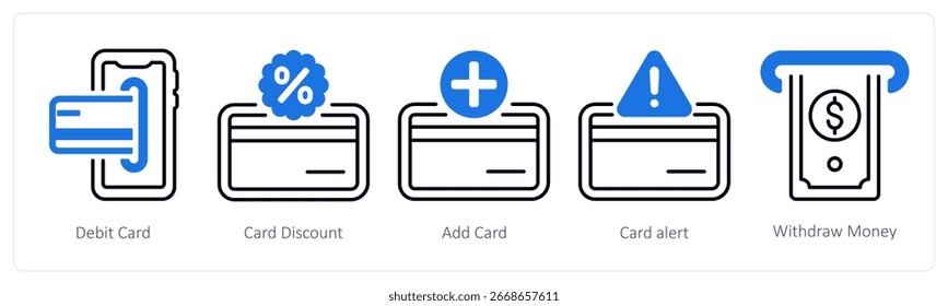 A set of 5 mix icons as debit card, card discount, add card