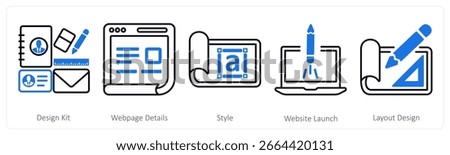 A set of 5 mix icons as design kit, webpage details, style