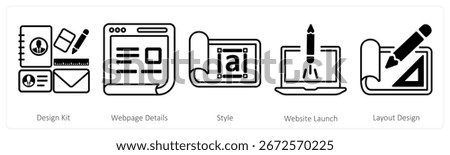 A set of 5 mix icons as design kit, webpage details, style