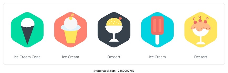 A set of 5 mix icons as dessert, ice cream cone, ice cream