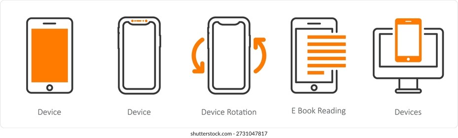 Un conjunto de 5 iconos de mezcla como dispositivo, rotación del dispositivo, lectura de libros electrónicos