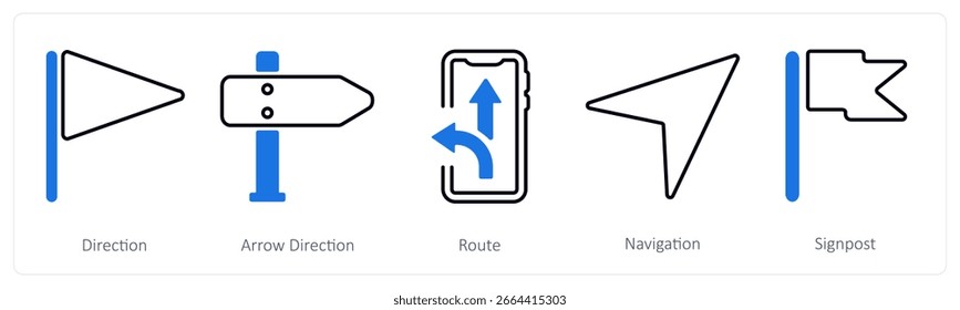 Un conjunto de 5 iconos de mezcla como dirección, dirección de flecha, ruta