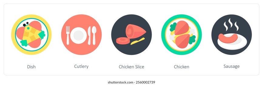 A set of 5 mix icons as dish, cutlery, chicken slice