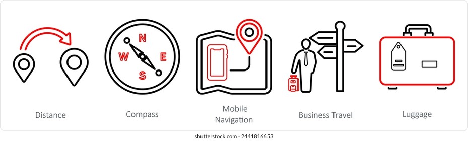 A set of 5 Mix icons as distance, compass, mobile navigation