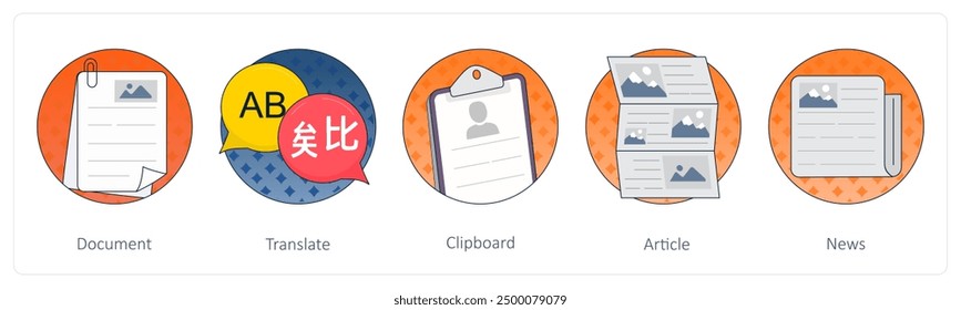 A set of 5 Mix icons as document, translate, clipboard