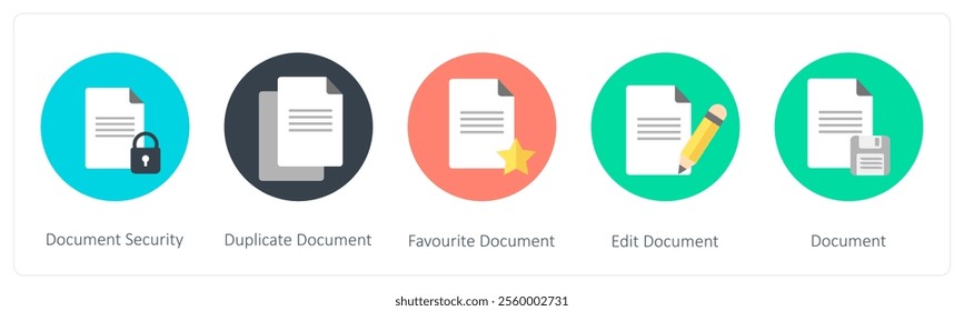 A set of 5 mix icons as document security, duplicate document, favorite document