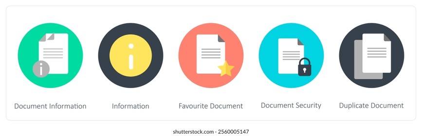 A set of 5 mix icons as document information, information, favorite document