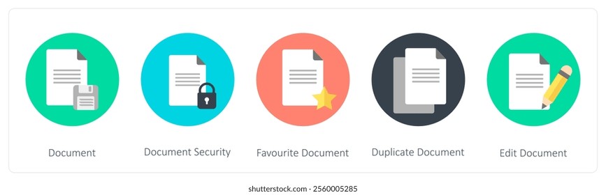 A set of 5 mix icons as document, document security, favorite document