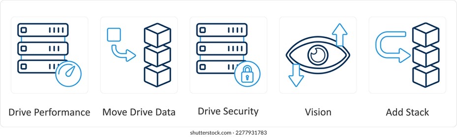Un conjunto de 5 iconos de mezcla como rendimiento de unidad, movimiento de datos de unidad, seguridad de unidad
