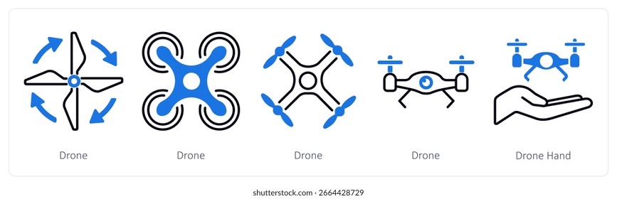 A set of 5 mix icons as drone, drone hand, flying