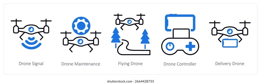 Un conjunto de 5 iconos de mezcla como señal de drone, mantenimiento de drones, vuelo de drones