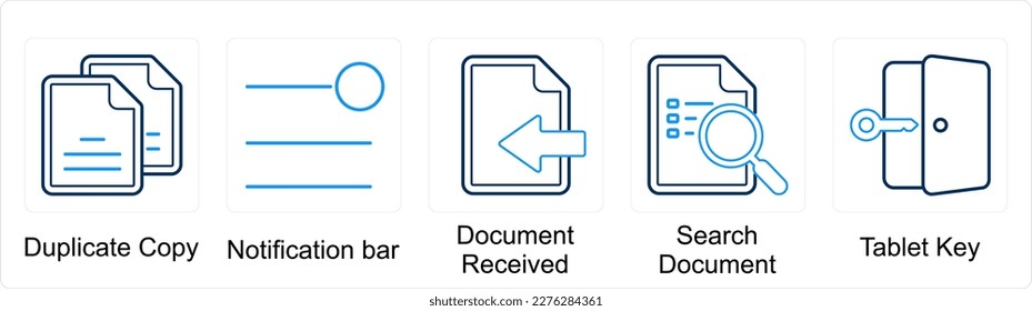 A set of 5 mix icons as duplicate copy, notification bar, document received
