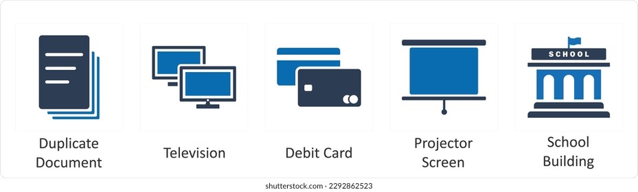 A set of 5 Mix icons as duplicate document, television, debit card