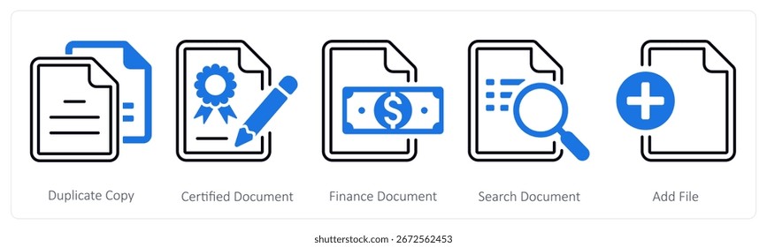 A set of 5 mix icons as duplicate content, certified document, finance document