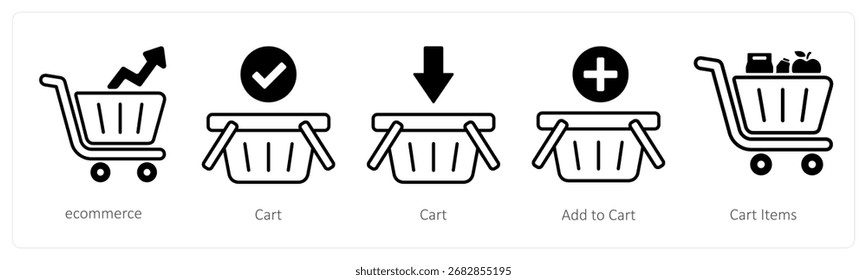 Um conjunto de 5 ícones mistos como e commerce, carrinho, adicionar ao carrinho