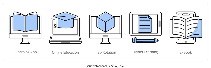 Ein Satz von 5 Mix-Icons als e-Learning, Online-Bildung, 3D-Rotation in Grau