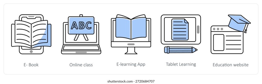 Ein Satz von 5 Mix-Icons als E-Book, Online-Klasse, E-Learning-App in grauer Farbe