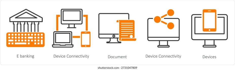 Um conjunto de 5 ícones mistos como e banking, conectividade de dispositivo, documento