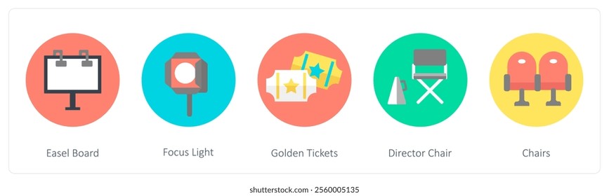 A set of 5 mix icons as easel board, focus light, golden tickets