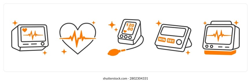 A set of 5 mix icons as ecg monitor, pulse heartbeat, blood pressure monitor