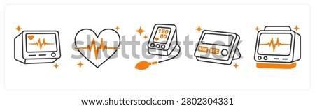 A set of 5 mix icons as ecg monitor, pulse heartbeat, blood pressure monitor