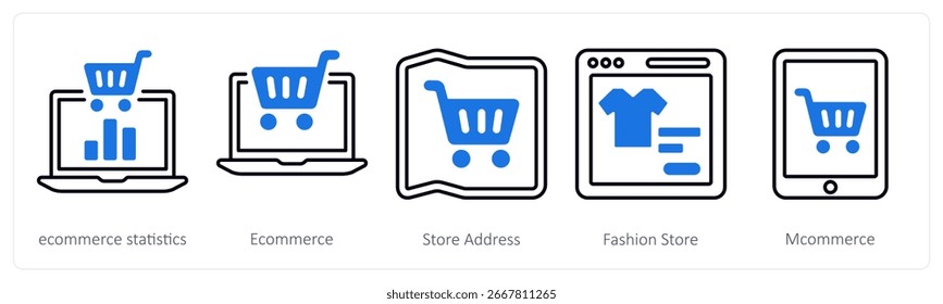 Un conjunto de 5 iconos de mezcla como estadísticas de comercio electrónico, comercio electrónico, Dirección de la tienda