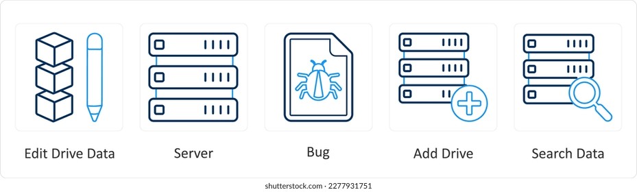 A set of 5 mix icons as edit drive data, server, bug