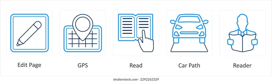 A set of 5 mix icons as edit page, gps, read