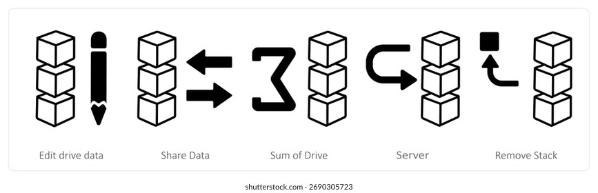 Un conjunto de 5 iconos de mezcla como editar datos de la unidad, compartir datos, suma de la unidad