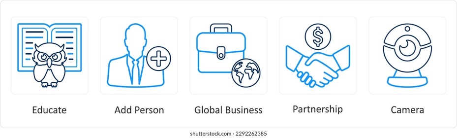 A set of 5 mix icons as educate, add person, global business