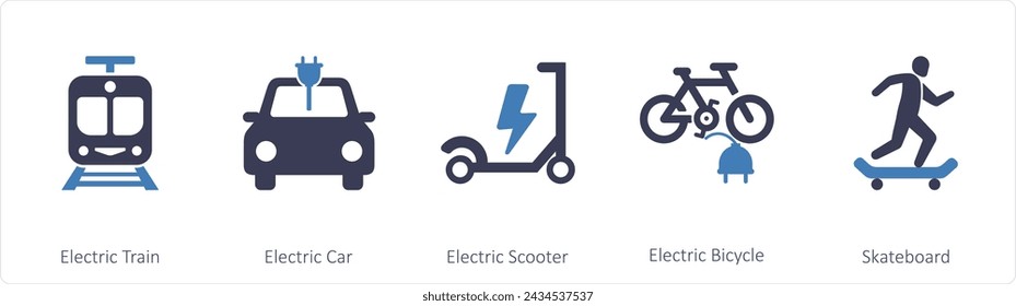 Un conjunto de 5 iconos de mezcla como tren eléctrico, coche eléctrico, scooter eléctrico