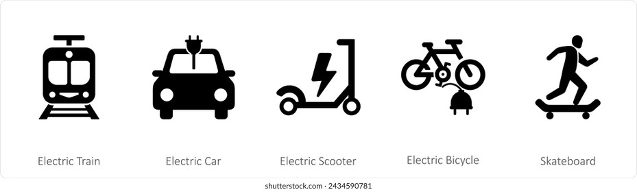 A set of 5 mix icons as electric train, electric car, electric scooter